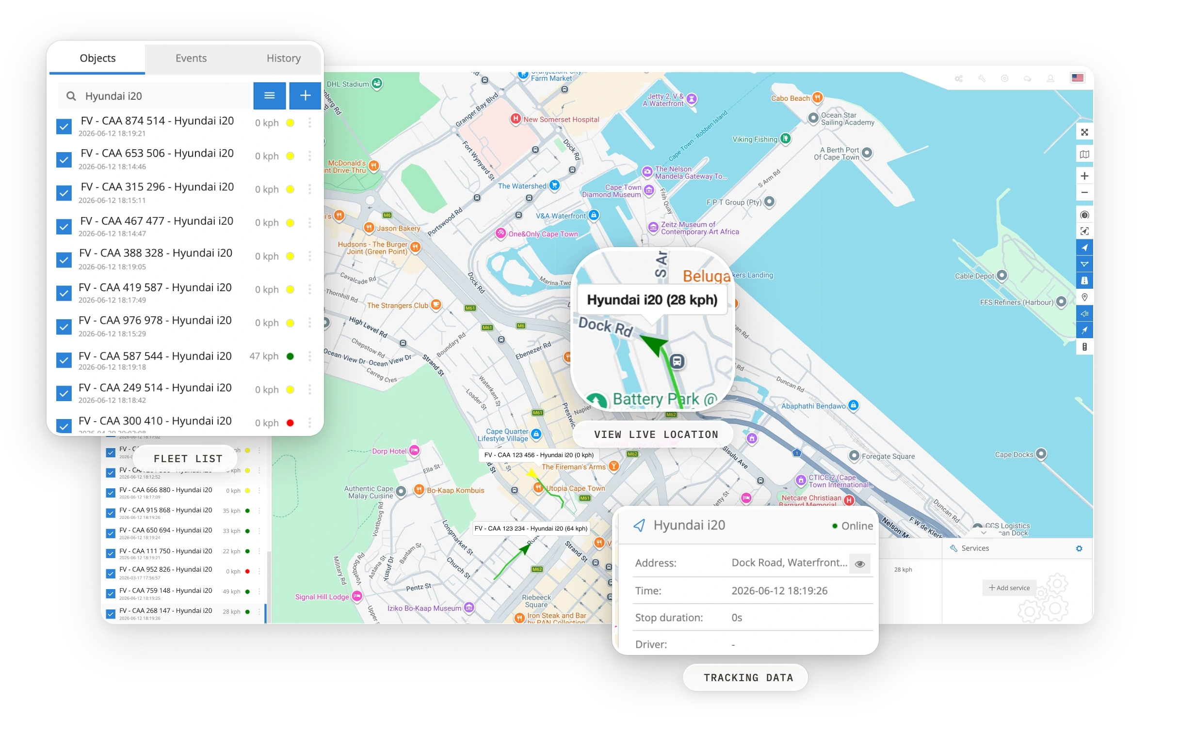 The Tracking Co web platform tracking a Cape Town fleet live — a Hyundai i20 selected on the map showing its address, online status and timestamp, with the fleet vehicle list alongside